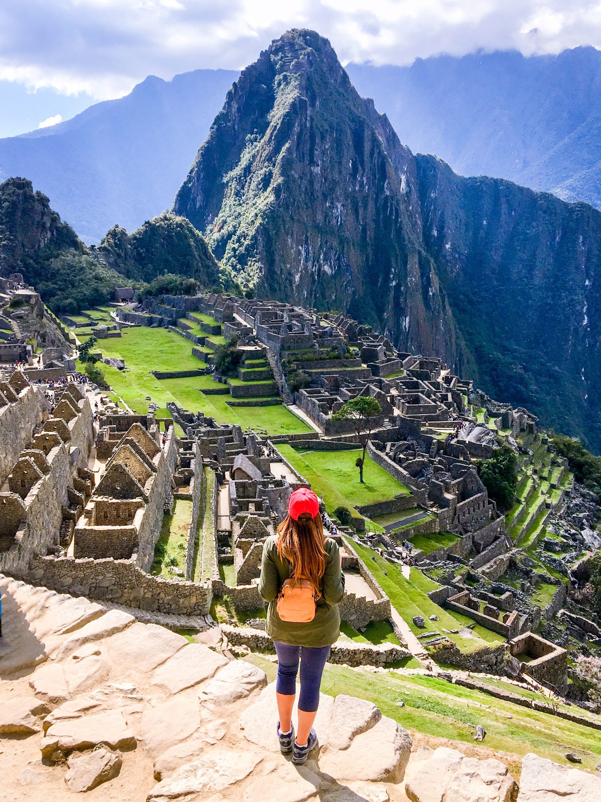 Train window view of Machu Picchu mountains