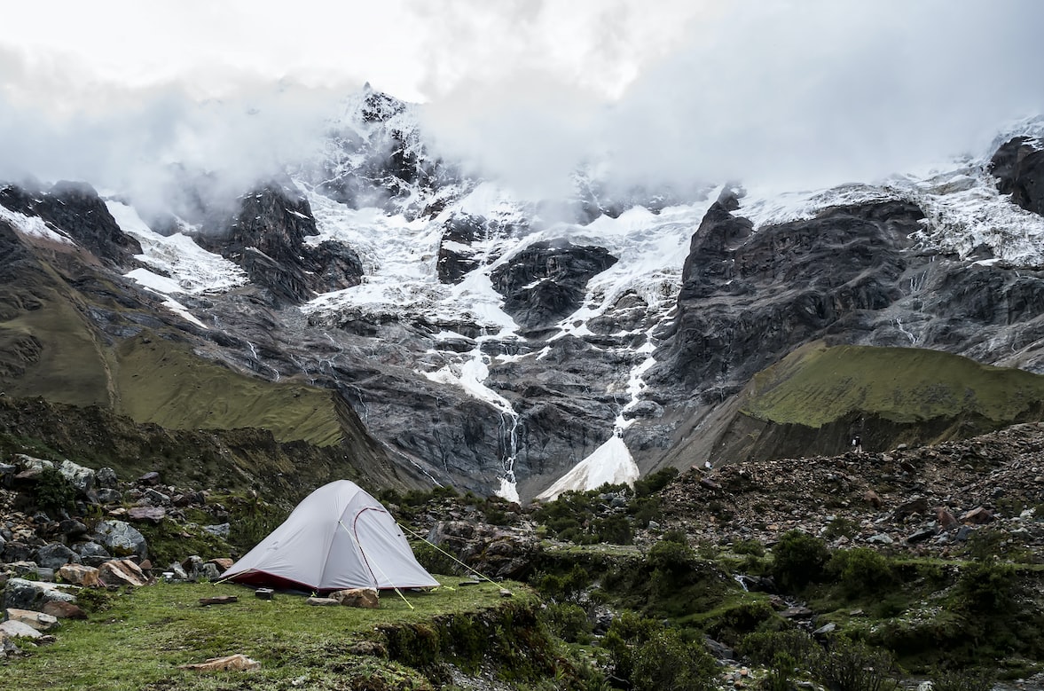 Salkantay mountain peak with hikers on trail
