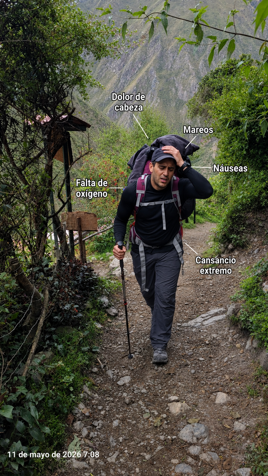 Illustration of a person with altitude sickness symptoms like headache and fatigue